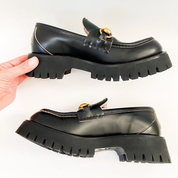 Gucci Loafers Lug Sole Chunky Black Leather Horsebit Size 37.5, 7.5 - Picture 6 of 14